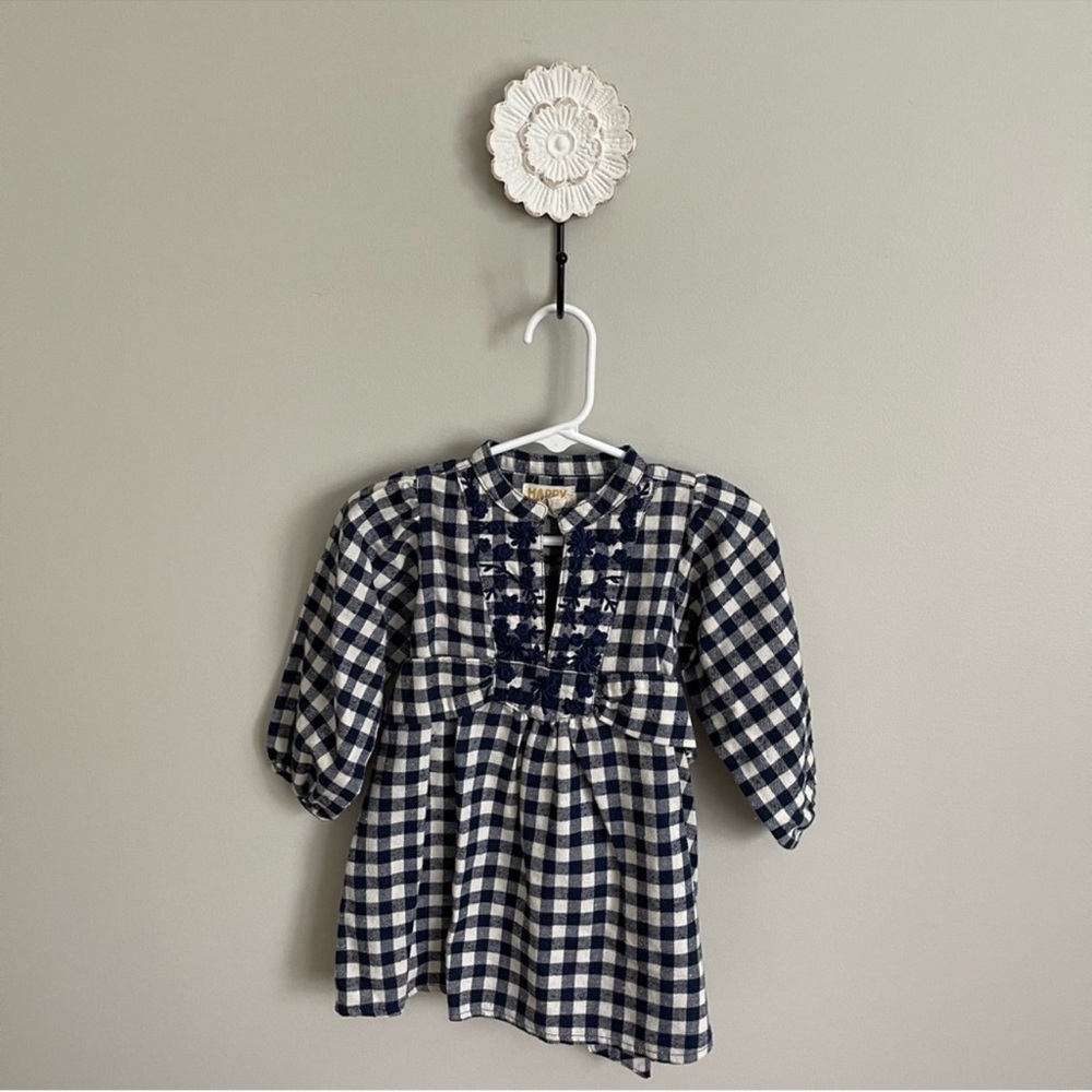 Happy Pink Chicken Baby Girl 12-18mo Gingham Dress Navy & Cream VGUC